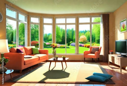 Peaceful living room with expansive windows framing lush garden  Tranquil garden view from bright  airy living room  Sunlight streaming into spacious living room with garden vista.