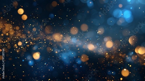 Abstract background with dark blue and gold particles  golden Christmas light particles shine bokeh on a dark blue background  gold foil texture concept.