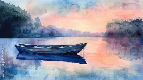 Capture the intricate details of a vintage fishing boat on a serene lake at sunrise, using watercolor to evoke the calmness of the scene