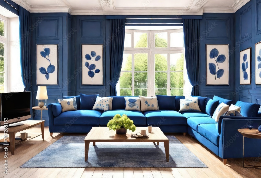 Cozy living room with serene blue tones and matching furniture, Inviting lounge area with soothing blue walls and furnishings, Modern living room featuring a harmonious blue color scheme.