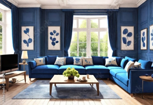 Cozy living room with serene blue tones and matching furniture, Inviting lounge area with soothing blue walls and furnishings, Modern living room featuring a harmonious blue color scheme.