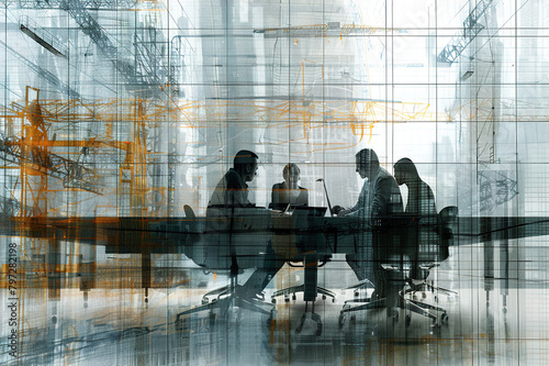 Multiple exposure shot of colleagues in a meeting superimposed over an industrial background.