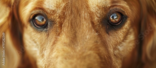 The image showcases a detailed close-up of a dog's face with a background intentionally blurred to emphasize the features like eyes, nose, and fur photo
