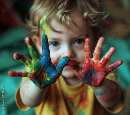 Child with colorful painted hands showing creativity and playfulness