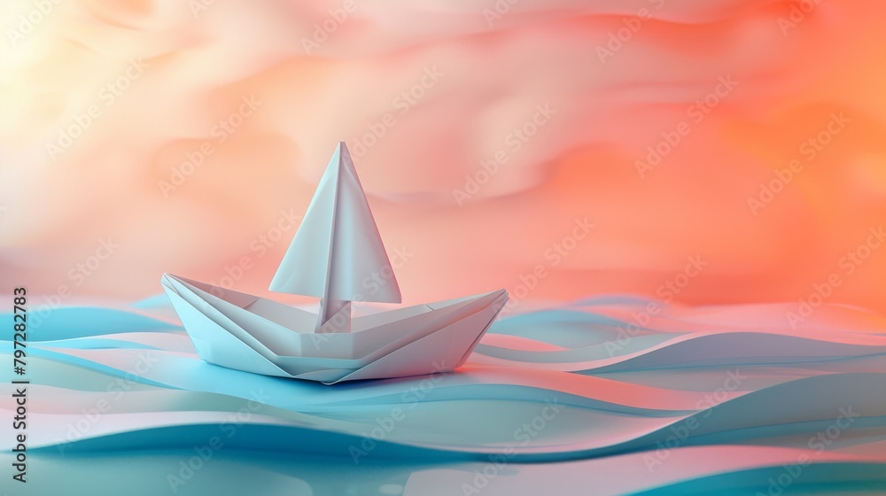 A minimal illustration of a paper boat floating on a wavy sea under a setting sun.