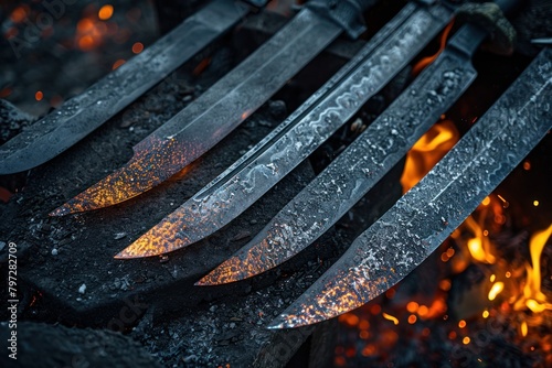 Forged blades cooling on an anvil with glowing embers