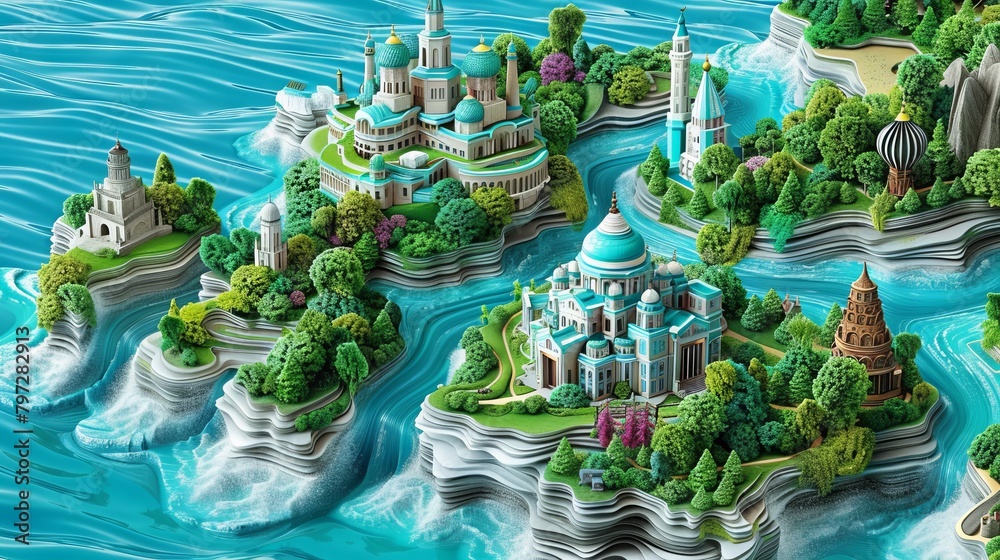 An illustration of an archipelago with blue water and green islands with trees and buildings. An illustration of an archipelago with blue water and green islands with trees and buildings.