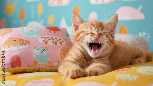 An orange kitten is lying on a bed with a pink pillow and a yellow blanket and yawning .
