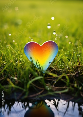 Colorful heart in grass with morning dew