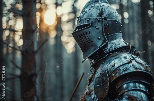 Medieval knight in armor standing in a misty forest photo