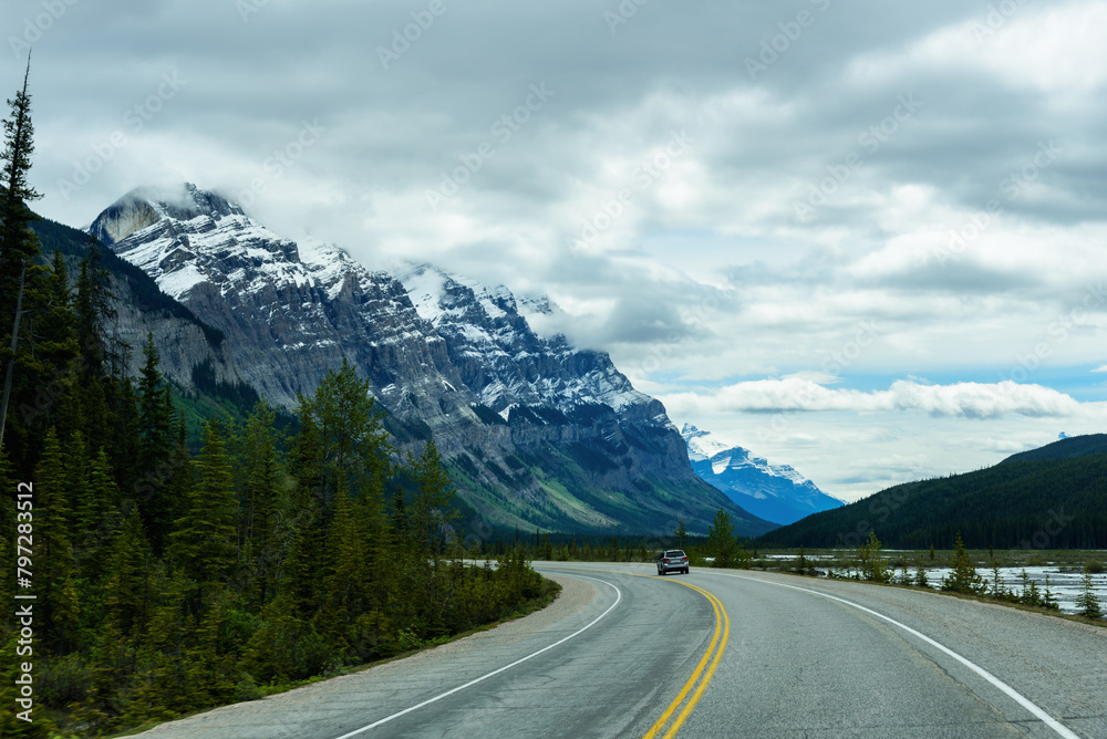 Driving in Icefields Parkway, Banff National Park, AB, Canada Driving in Icefields Parkway, Banff National Park, AB, Canada