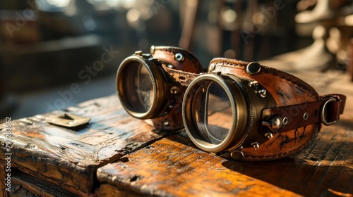 Vintage Steampunk Goggles on Wooden Surface