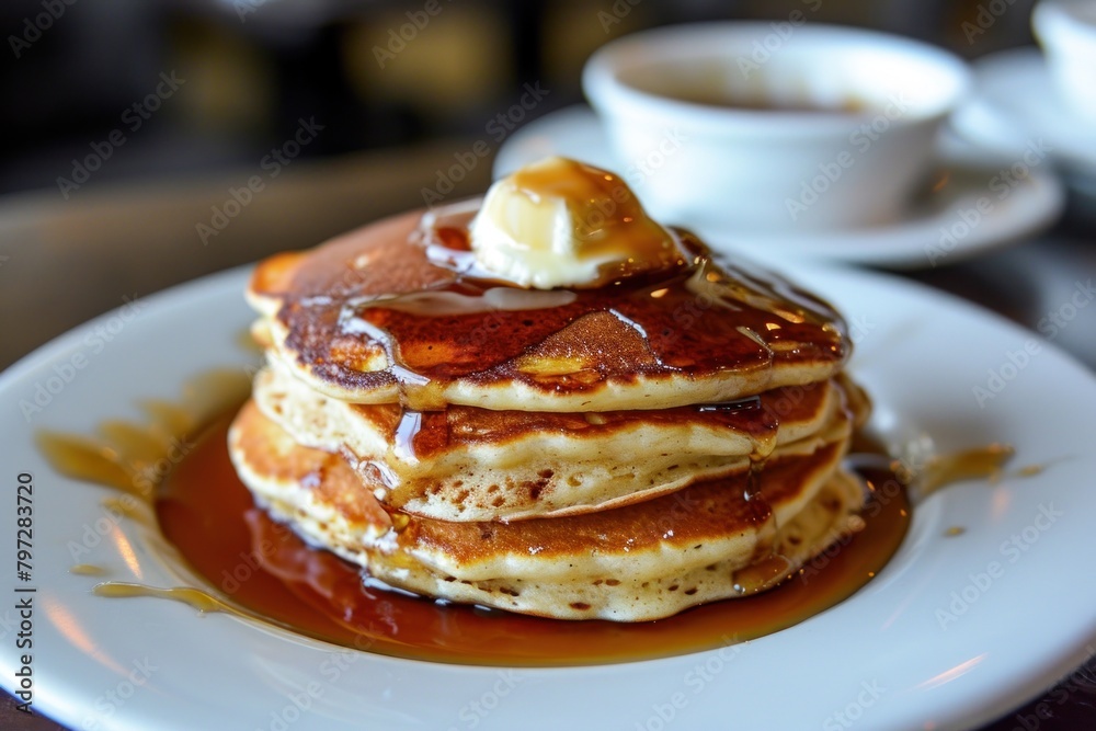 Delicious stack of pancakes with syrup and butter on top Delicious stack of pancakes with syrup and butter on top