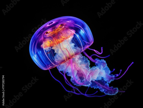 Vibrant Jellyfish Floating in Darkness