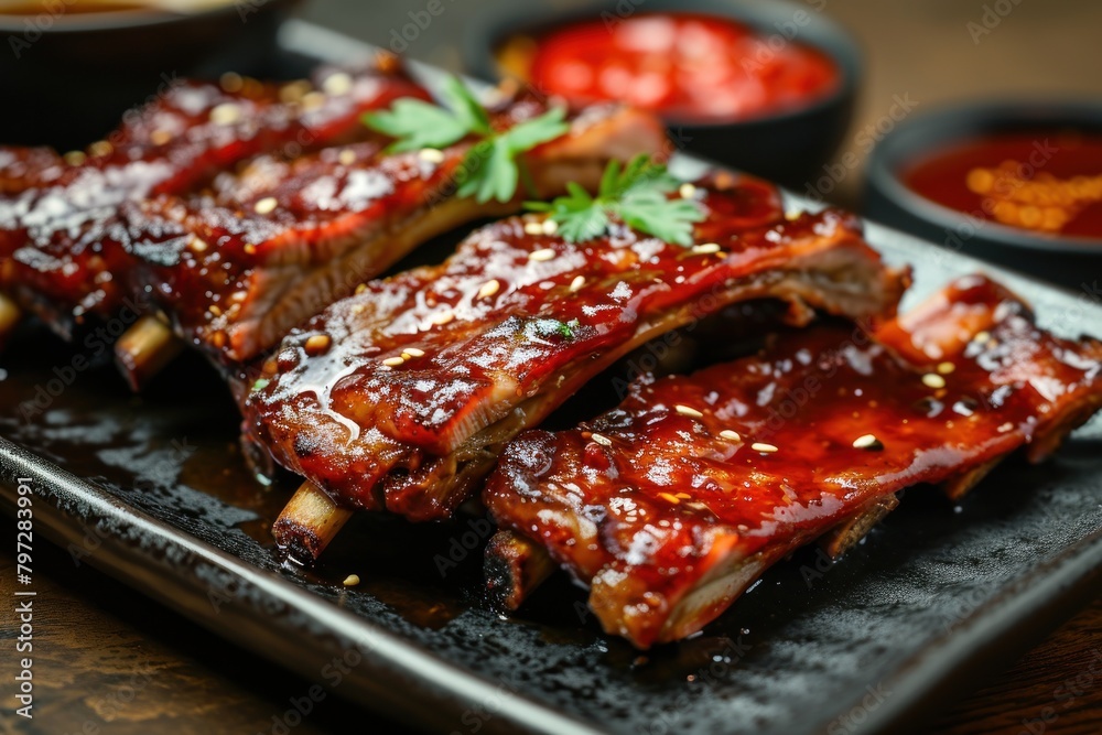 Delicious glazed barbecue ribs on a plate