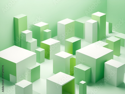 Flat illustration light green and white background  Interior design renderings of geometric shapes, interior decoration drawings of buildings, green background