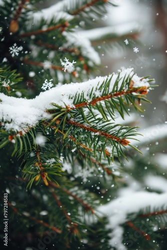 Snowflakes gently resting on evergreen pine branches
