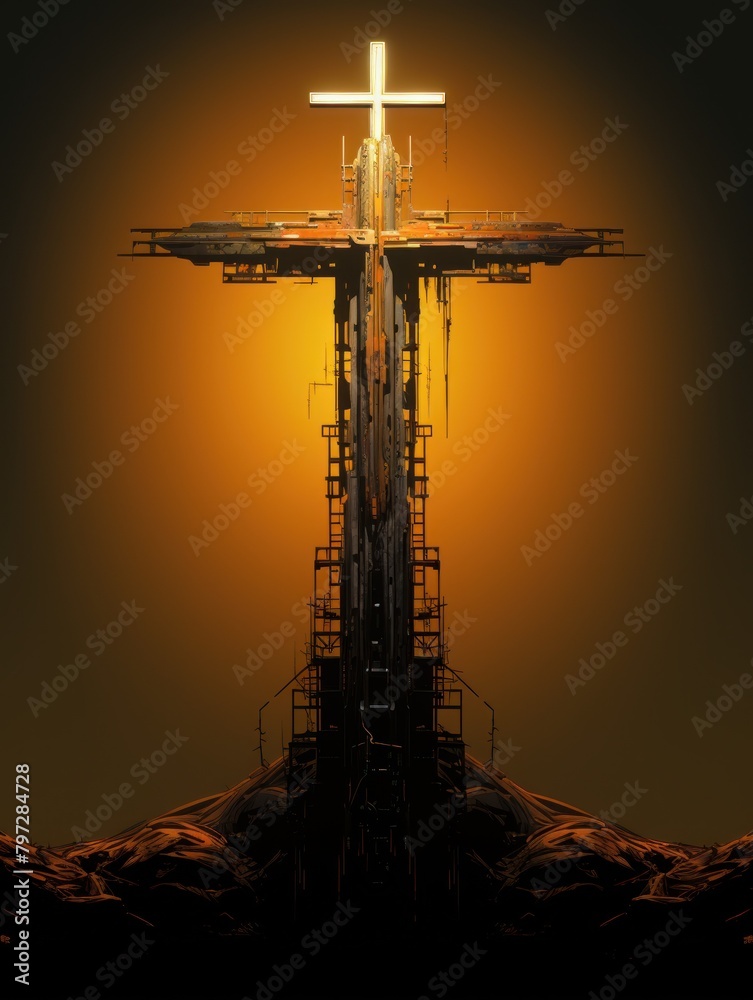 Fototapeta premium Futuristic cross structure against an orange sky
