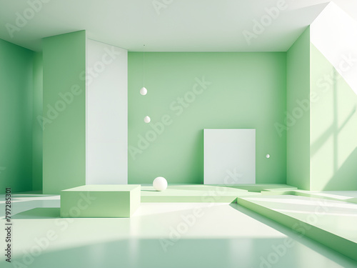 Flat illustration light green and white background  Interior design renderings of geometric shapes  interior decoration drawings of buildings  green background