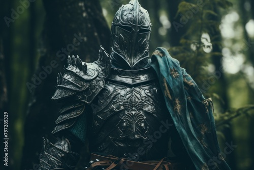 Medieval knight in armor standing in a forest