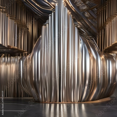Sleek, metallic structures bending and flexing in a rhythmic dance of motion and light, reflecting their surroundings in a dynamic way, creating a sense of harmony and balance in the artwork3