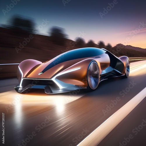 A futuristic vehicle navigating through a digital landscape, leaving a trail of light and motion in its wake, symbolizing progress and innovation in technology and design1