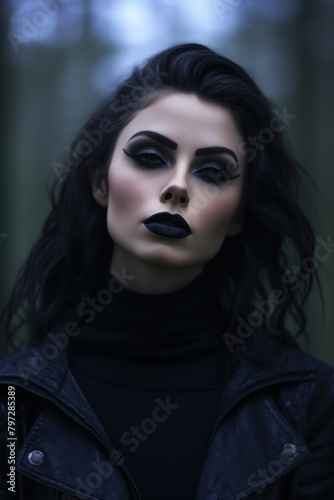 Mysterious woman with dramatic makeup in a dark forest setting