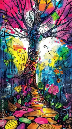 A psychedelic painting of a tree with bright colors and intricate patterns.