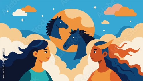 With the sun on their faces and the wind in their hair the riders talked about their dreams and aspirations fueled by their love for horses.. Vector illustration