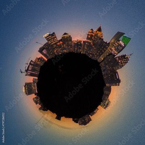 360 degree tiny planet view of Atlanta skyline during sunset shot from Piedmont Park