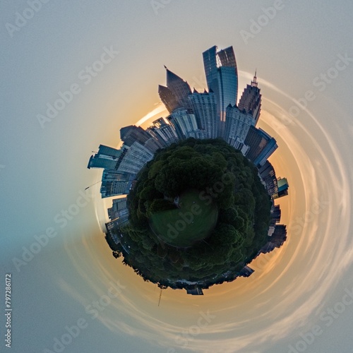 360 degree tiny planet view of Atlanta skyline during sunset shot from Piedmont Park