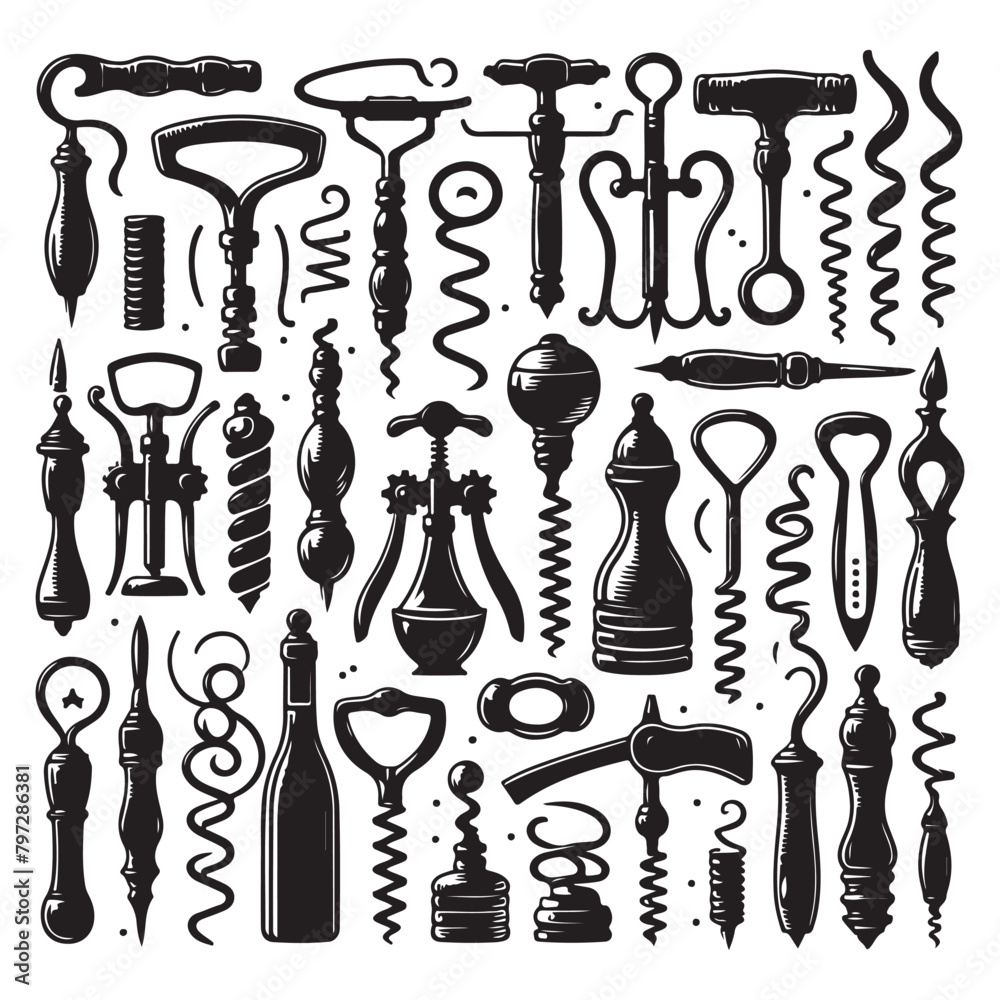 Black silhouette set of various corkscrews, vector illustration Black silhouette set of various corkscrews, vector illustration