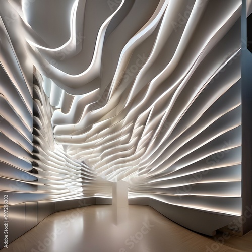 A modern art installation featuring rotating elements that create dynamic patterns of light and shadow, transforming the space, inspiring awe and wonder in those who experience its beauty1 photo