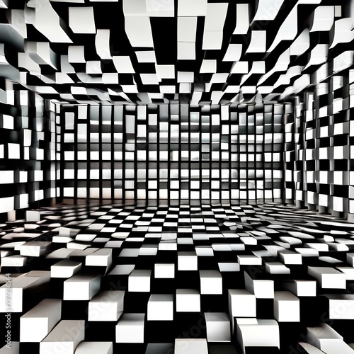 A three-dimensional grid of cubes rotating and shifting  creating an optical illusion of depth and movement  challenging the viewer s perception of space and reality2