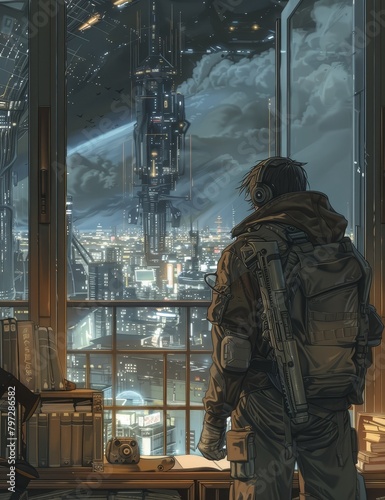 A soldier looking out the window at a futuristic city.