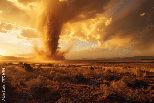 Dramatic Tornado Touching Down at Sunset in Desert Landscape