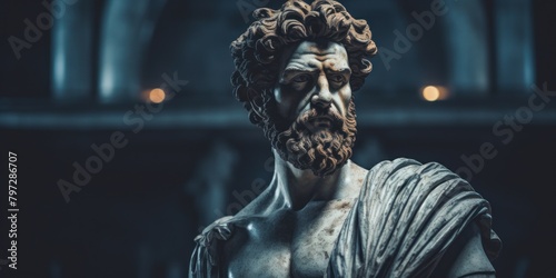 Ancient marble statue of a bearded man with dramatic lighting