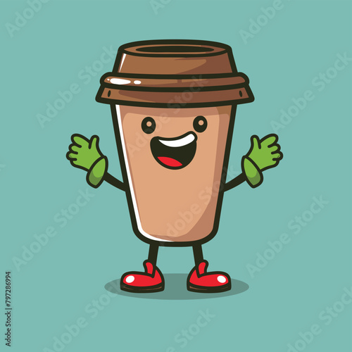 Cute cartoon coffee cup mascot character flat vector illustration