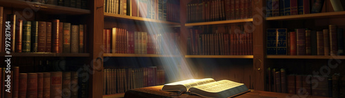 Dim library corner, a Bible illuminated by a single beam of light, inviting a mysterious discovery, super realistic