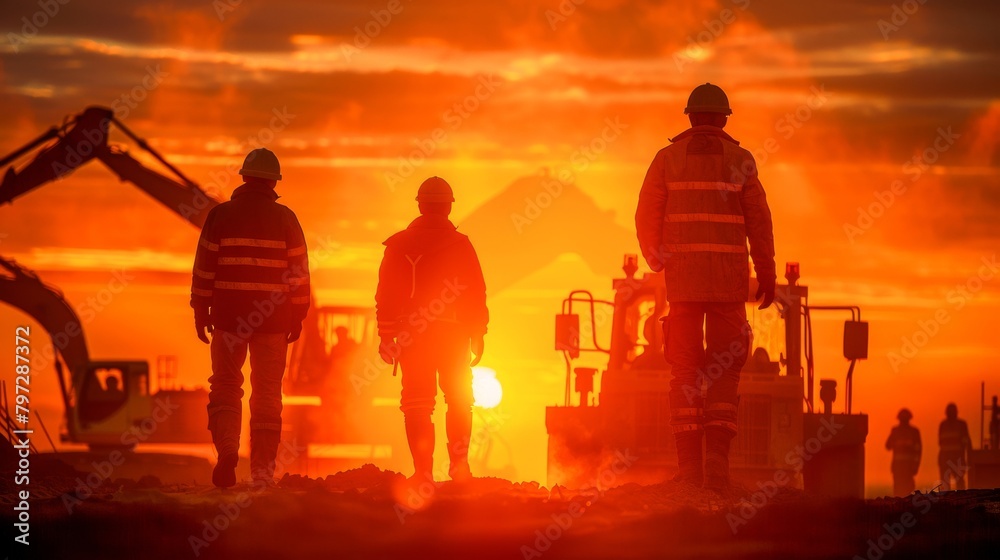 Fototapeta premium Silhouette of construction equipment on a busy site, abstract , background