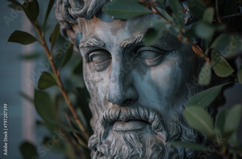 Ancient Greek Philosopher Statue Surrounded by Foliage