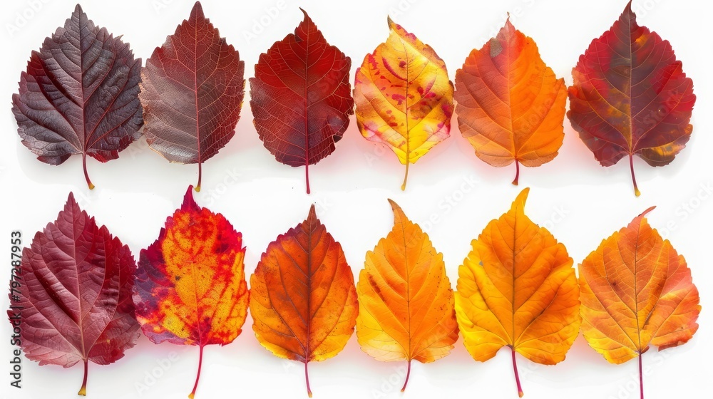 Fototapeta premium A collection of autumn leaves in various stages of changing color.