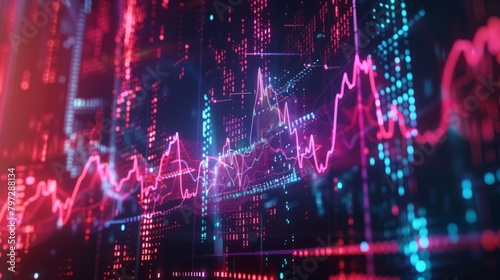 Panoramic abstract backdrop with stock market growth/down, digital financial chart graphs and indicators. Generative AI hyper realistic 