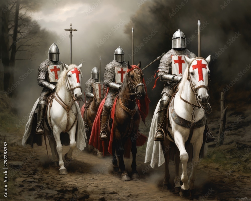 Knights Templar their path lit by the cross in the soft light of sunset