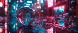 Crystal ball on wet city street with neon lights reflection. Urban fantasy concept. Wide-angle shot with bokeh for design and print.