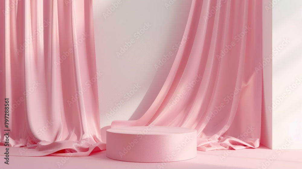Pink fashion fabric cosmetic podium presentation stand on minimal product display 3d background with abstract luxury beauty cloth backdrop or advertising show stage pedestal and blank pastel scene.