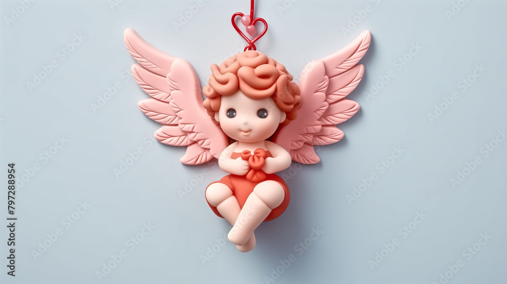 Angel figurine with heart-shaped decoration on blue background. Valentine's Day and love concept for design and print. Studio shot with copy space. Angel figurine with heart-shaped decoration on blue background. Valentine's Day and love concept for design and print. Studio shot with copy space.