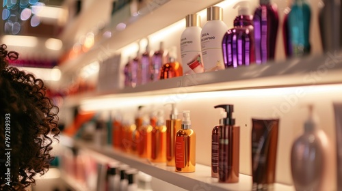 A display of hair styling products with examples of different hairstyles