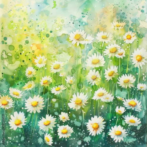 A watercolor painting of white daisies in a green field with a yellow sun in the background.
