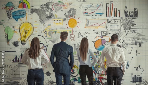 A group of people looking at a wall covered in graphs and charts.